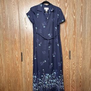 Vtg Y2K Navy‎ Floral Print Dress Women's 12 Short Sleeve Collared Tie Waist